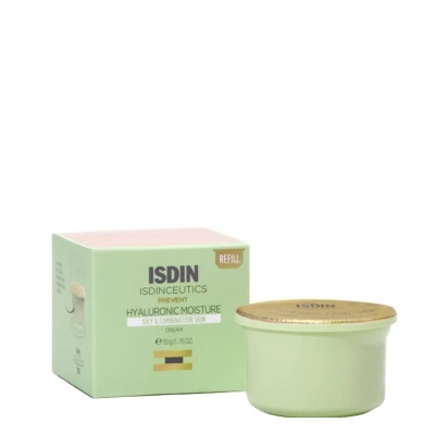 Creme facial hidratante ISDIN HYALURONIC MOISTURE em embalagem verde clara com tampa dourada e caixa correspondente