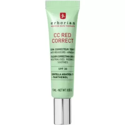 Tubo verde de creme Erborian CC Red Correct com tampa prateada