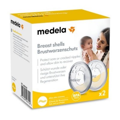 Caixa de protetores de mamilos Medela com foto de mãe e bebé