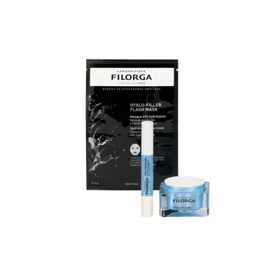Conjunto de produtos Filorga Hyalu-Filler para cuidados de pele em fundo branco