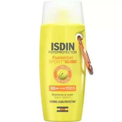 Frasco amarelo de protetor solar ISDIN SPF 50 com mosquetão