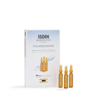 Caixa do ISDIN Hyaluronic Booster com três ampolas castanhas ao lado.