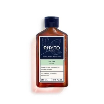 Frasco de champô volumizador PHYTOVOLUME da PHYTO com rótulo azul e verde