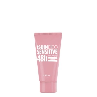 Frasco de creme cor-de-rosa com texto ISDIN DEO SENSITIVE 48h ACTIVE SKIN SHIELD CREAM