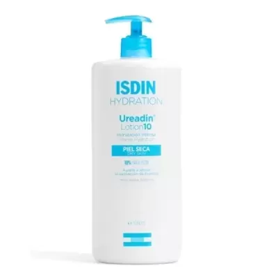 Frasco branco com doseador azul de loção para pele seca ISDIN Hydration Ureadin Lotion 10
