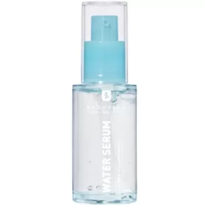 Frasco transparente de sérum com tampa azul e texto branco