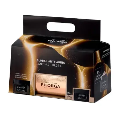 Embalagem preta e dourada com produtos de anti-envelhecimento da marca Filorga