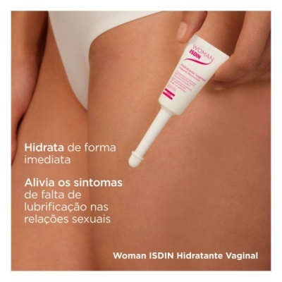 Mulher a aplicar hidratante vaginal Woman ISDIN na pele perto da virilha