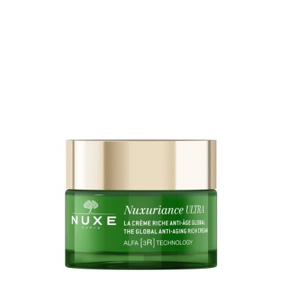 Frasco verde com tampa dourada de creme anti-idade Nuxe Nuxuriance Ultra