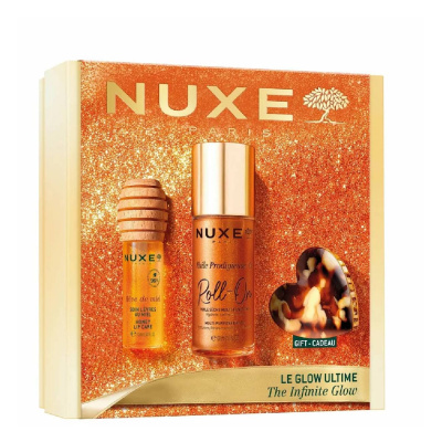 Conjunto de produtos NUXE para lábios e óleo multiuso em embalagem brilhante laranja com coração decorativo