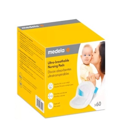 Caixa amarela e cinza de discos absorventes para lactação Medela com imagem de mãe e bebé