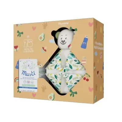 Conjunto Mustela com fragrância Musti e peluche de urso em caixa decorada