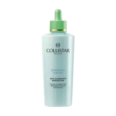 Frasco azul claro com conta-gotas verde e texto Collistar Milano