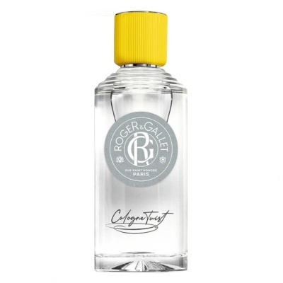 Frasco transparente de perfume Roger & Gallet com tampa amarela e rótulo cinza