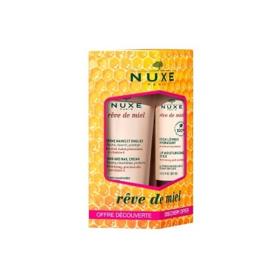 Pack Nuxe Rêve de Miel creme para mãos e stick labial, embalagem amarela com padrão de mel