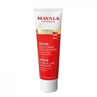 Tubo de creme para mãos Mavala MAVA+ branco e vermelho