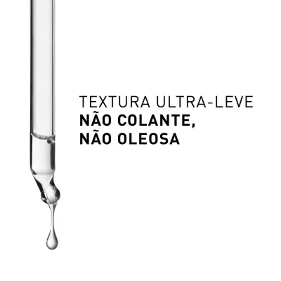 Frasco com conta-gotas e texto sobre textura ultra-leve, não colante e não oleosa.