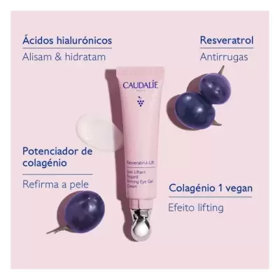 Creme para olhos Caudalie em tubo rosa com aplicador metálico e uvas ao redor
