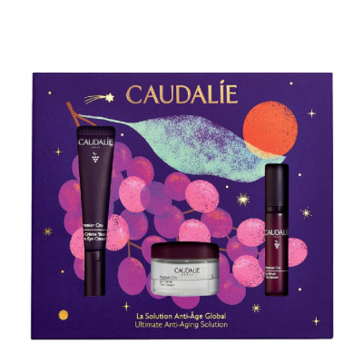 Conjunto de cosméticos Caudalie Premier Cru em embalagem roxa com ilustração de uvas