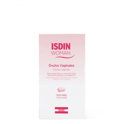 Embalagem de produto ISDIN WOMAN Óvulos Vaginais rosa e branca