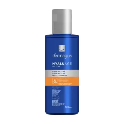 Frasco azul de Água Micelar Dermagus Hyaluage com tampa cinzenta