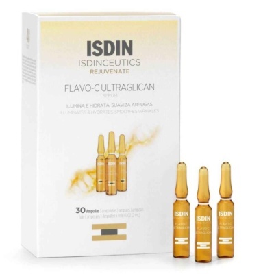 Caixa branca e ampolas âmbar de sérum ISDIN Flavo-C Ultraglican
