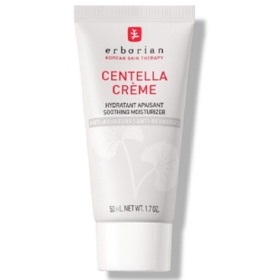 Tubo branco de creme facial Erborian Centella Crème com texto vermelho e cinza