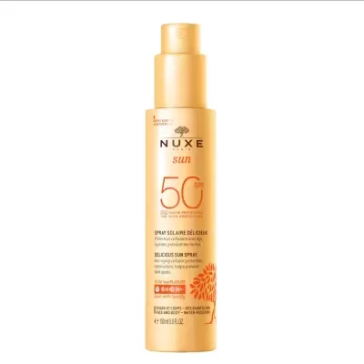 Frasco de spray solar Nuxe Sun SPF 50 bege com texto laranja e preto