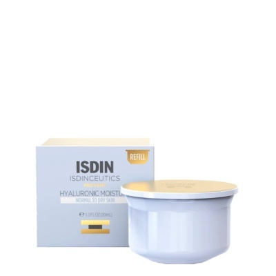 Creme hidratante ISDIN Hyaluronic Moisture em pote branco com tampa dourada e caixa ao fundo