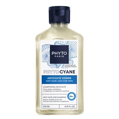 Champô antiqueda para homens Phyto Phytocyane em frasco transparente com tampa azul escura