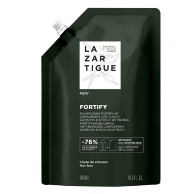 Embalagem preta fosca de shampoo Fortify da Lazartigue com texto branco e selo ecológico