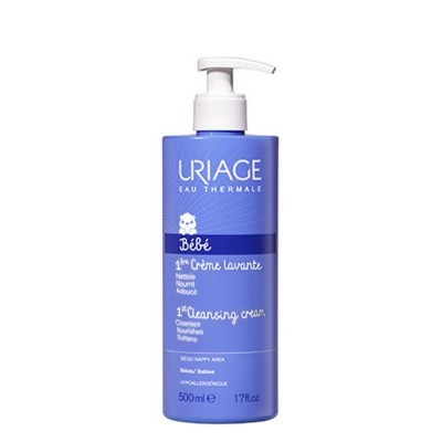 Frasco de creme de limpeza azul Uriage com dispensador branco