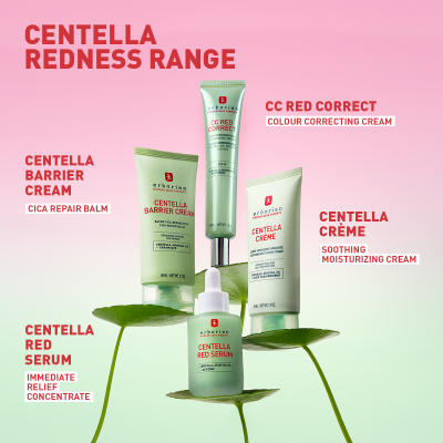 Produtos de cuidados de pele Erborian Centella Redness Range com fundo rosa e verde