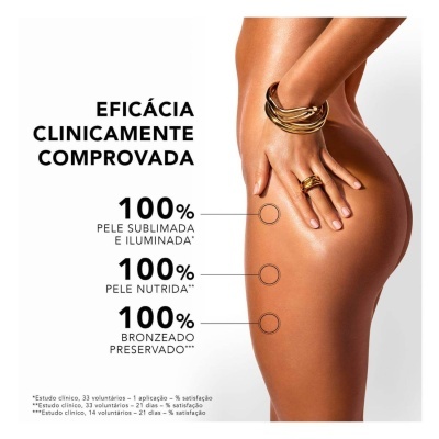 Mulher bronzeada com joias douradas e texto sobre eficácia clínica da pele