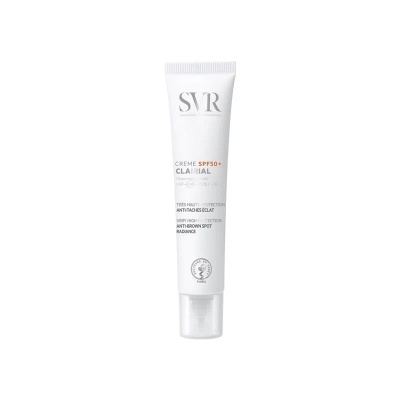 Tubo branco de creme SVR CLARIAL SPF50+ com texto em cinza e laranja