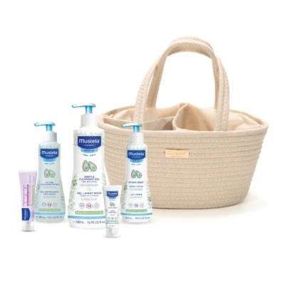Conjunto de produtos Mustela para bebé com bolsa bege
