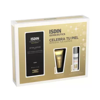 Conjunto de produtos de cuidado facial ISDIN ISDINCEUTICS em caixa bege e dourada