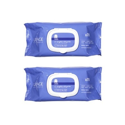 Embalagens azuis de toalhitas húmidas Uriage com tampa branca