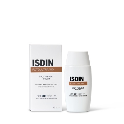 Embalagem e frasco do produto ISDIN Fotoultra 100 Spot Prevent Color com SPF 50+