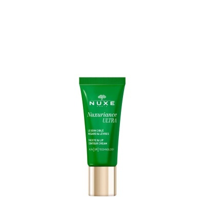 Frasco verde de creme NUXE Nuxuriance Ultra para olhos e lábios com tampa dourada