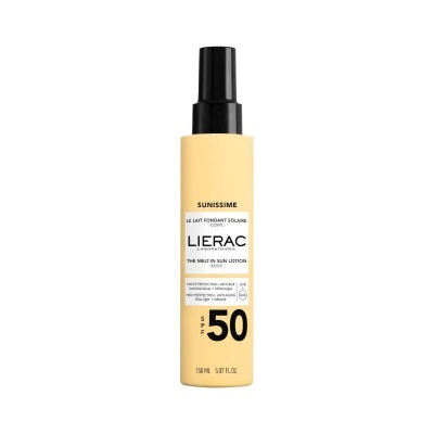 Frasco amarelo com tampa preta de spray de protetor solar Lierac SPF 50