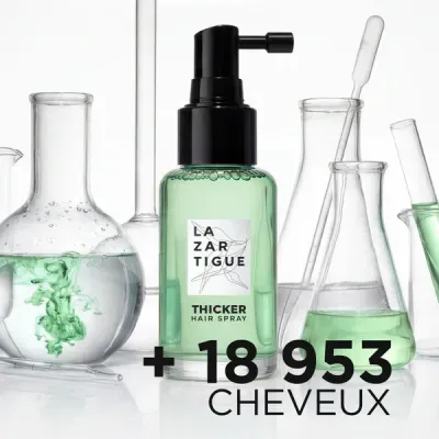 Frasco verde de spray para cabelo LAZARTIGUE com frascos de laboratório e texto +18 953 CHEVEUX