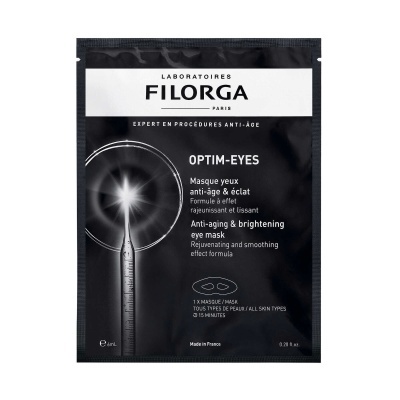 Embalagem preta da máscara para olhos FILORGA OPTIM-EYES com texto em francês e inglês