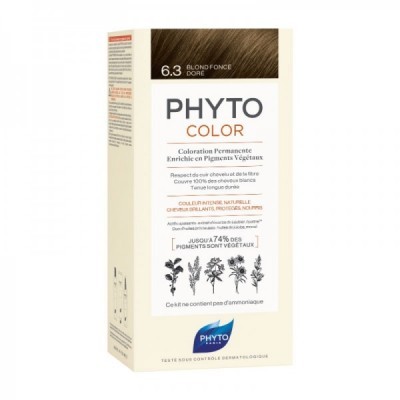 Embalagem de coloração capilar PHYTO COLOR 6.3 Blond Foncé Doré creme com texto e ilustração de plantas
