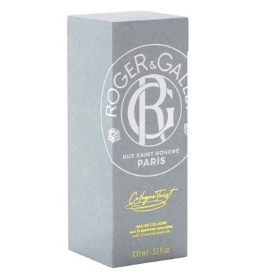 Embalagem cinza de perfume Roger & Gallet com texto branco e amarelo
