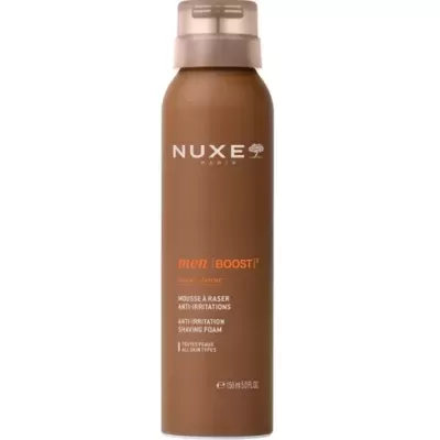 Frasco de espuma de barbear NUXE men BOOST castanho com texto branco e laranja