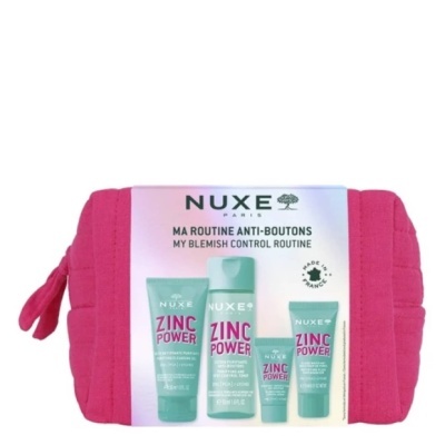 Saco rosa com conjunto de produtos NUXE em tubos verdes e embalagem com texto