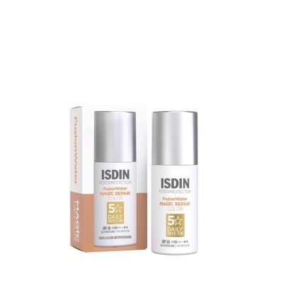 ISDIN Fusion Water Magic Repair Color, frasco branco com tampa prateada e caixa ao lado.