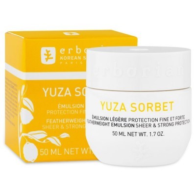 Creme facial Erborian Yuza Sorbet em frasco branco com tampa, caixa amarela ao fundo.
