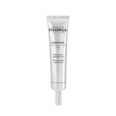 Tubo branco de creme para peeling noturno da Filorga com texto em preto.